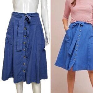 Anthropologie Maeve Linen Blend Button Front Midi Skirt Size 2 Blue A-Line Belt
